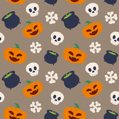 Flat style seamless Halloween pattern with pumpkin, skull, bone and cauldron. Fun spooky design for seasonal decoration, wrapping paper, textile and holiday print.