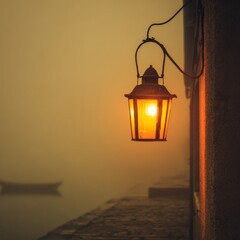 Vintage Lantern Shining in Foggy Evening Near Tranquil Waterway