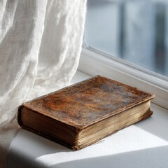 Vintage Leather-Bound Book on Window Sill with Natural Light