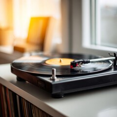 Vintage Record Player with Vinyl Disc on Table in Modern Living Space