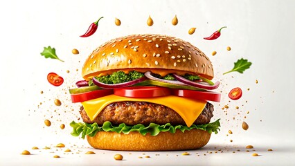 Delicious cheeseburger with flying ingredients, fresh vegetables, melted cheese, and sesame bun on white background, fast food concept

