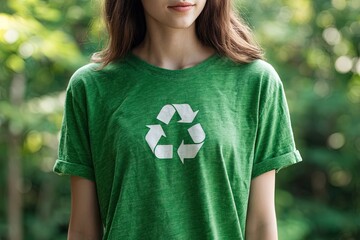 young woman torso wearing loose green t-shirt with recycling symbol, natural blurred background, no head visible, focus on t-shirt, clean composition