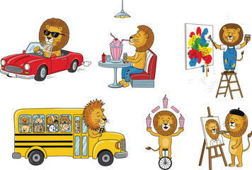 Cartoon lion characters engaging in different activities like driving, painting, juggling, eating, and riding a bus, vector illustration for fun and creative designs