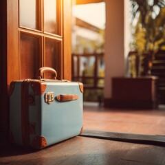Vintage Suitcase at Doorway with Warm Natural Light and Shadows