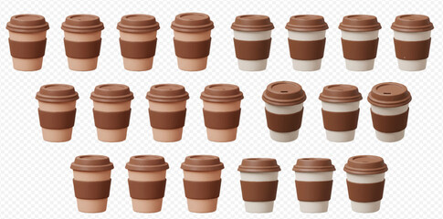 A collection of disposable coffee cups arranged in rows on a transparent background.