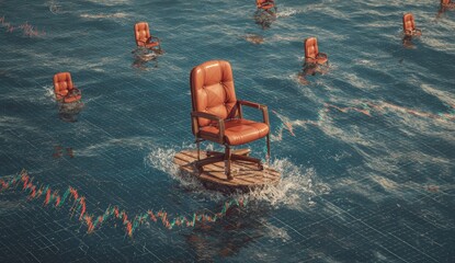 An orange office chair floats on a wooden platform amidst a sea of similar chairs