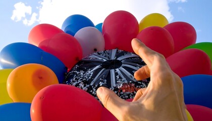Hand reaching for balloon cluster outdoors
