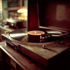 Vintage Turntable Playing Vinyl Record in Cozy Living Room Setting