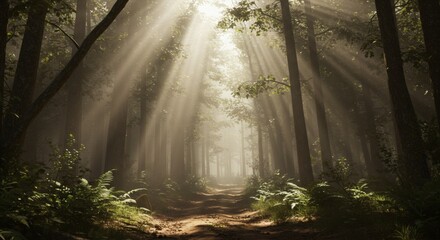 Fototapeta premium Enchanting forest path with bright sunbeams shining through the canopy.