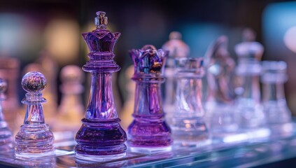 Close-up of purple and clear glass chess pieces