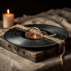 Vintage Vinyl Record with Candle on Rustic Table Setting