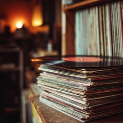 Vintage Vinyl Records Stacked on a Wooden Table in Cozy Room