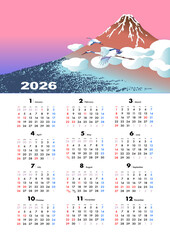 2026年,カレンダー,浮世絵風, 風景, 鶴,赤富士