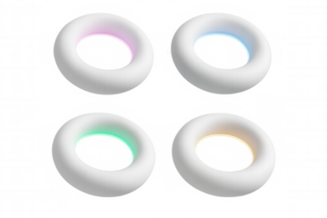 Glowing white torus rings illuminating transparent background with vibrant neon pink, blue, green, yellow light for digital graphic design