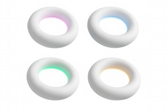 Glowing white torus rings illuminating transparent background with vibrant neon pink, blue, green, yellow light for digital graphic design