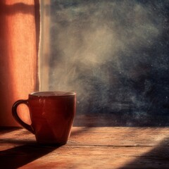 Warm Coffee Mug with Steam Against a Soft Light Window Background