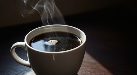 Steaming cup of hot black coffee in morning sunlight.