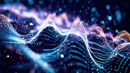 Abstract glowing wave of digital particles and orange-blue lights in flowing motion, futuristic representation of data transmission