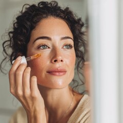 Woman Applying Facial Oil with Dropper in Bright Room Setting