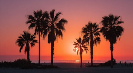 Silhouette palm trees at sunset over a beach