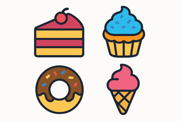 Colorful Dessert Icons Set - Cake, Cupcake, Donut, and Ice Cream.