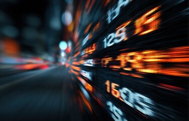 Blurry cityscape with fast-moving data stream