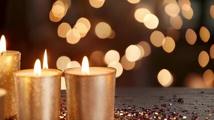 Three gold candles burn on a glittery table with festive confetti and warm bokeh lights in the background. - Powered by Adobe