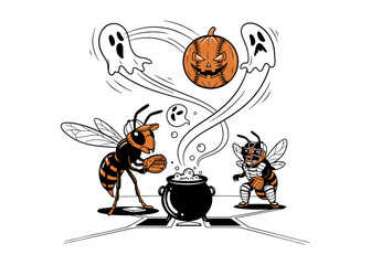 Landscape spooky wasps brewing Halloween cauldron, flying ghosts and jack-o’-lantern, creepy cute loop, festive funny  cartoon vector illustartion