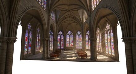 Fototapeta premium A digitally rendered interior view of a gothic cathedral, showcasing stained glass windows and arched architecture.