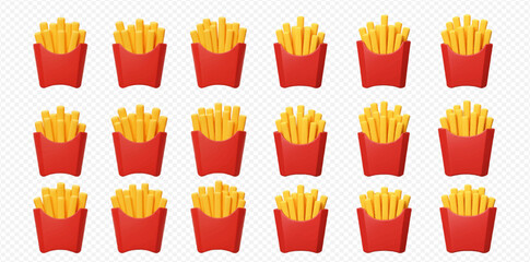 Multiple servings of golden french fries in red cardboard containers, arranged in rows on a transparent background.