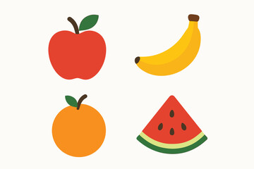 Collection of four colorful fresh fruits including apple banana orange and watermelon slice.