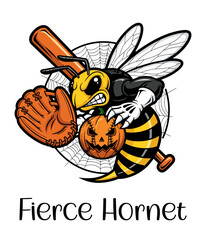 Fierce hornet baseball mascot with glove, bat and jack-o’-lantern, spiderweb backdrop Halloween sports vector design