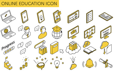 オンライン学習のシンプルなアイソメトリック線画アイコンセット