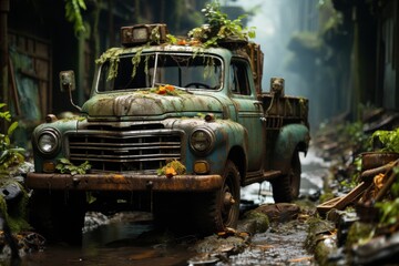 Fototapeta premium A vintage truck covered in vibrant greenery sits amidst debris on an empty street, with crumbling buildings and a dusky ambiance creating a haunting atmosphere.