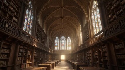 Grand, ancient library with stained glass windows - Powered by Adobe