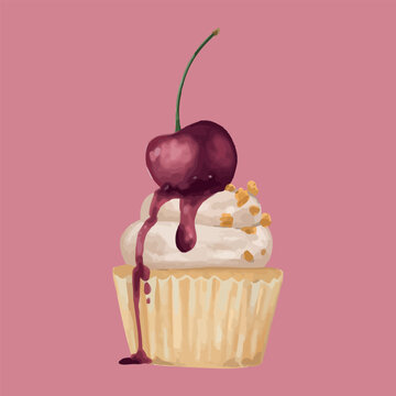 Berry Dessert Cupcake Whipe Cream Watercolor Illustration