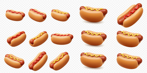 A collection of cartoon hot dogs with mustard on a transparent background.