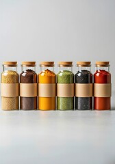 A variety of spices in glass jars - Cooking ingredients and a blank label mockup - Culinary art and flavor