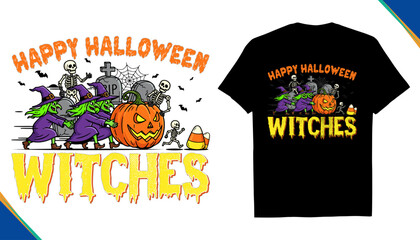 Halloween witches pushing a giant pumpkin with skeletons, graveyard RIP and bats landscape illustration, spooky cartoon holiday design, Halloween party Artwork