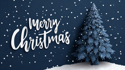 Fototapeta premium Paper art style winter christmas tree with falling snow and Merry Christmas calligraphy greeting vector