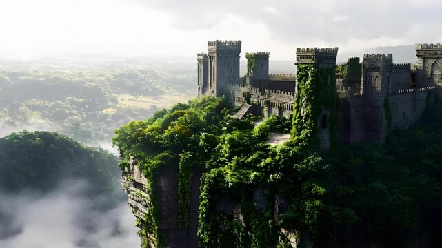 A medieval fortress perched on a sheer cliff, lush with vines and trees, shrouded in mist.