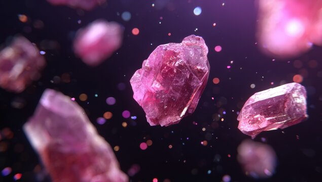 Pink crystals levitate in a dark, sparkly background