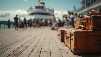 Vintage suitcases on a pier, with a cruise ship in the background