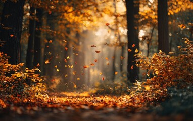 Autumnal forest path with falling leaves