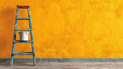 Old ladder paint bucket orange wall rustic texture dry floor home repair DIY safety copy space interior makeover with calm mood