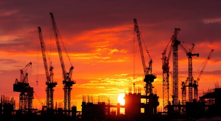Obraz premium Silhouette of construction cranes at sunset