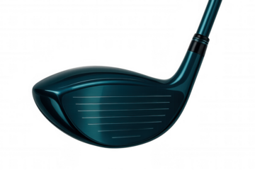 Golf driver head revealing precision-engineered grooves, metallic texture gleaming against crisp transparent backdrop
