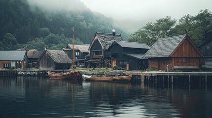 Naklejka premium Misty Fjord Village: Norwegian Coastal Charm
