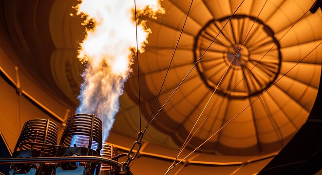 Igniting the adventure, a powerful flame from a burner inflates a hot air balloon for a scenic flight