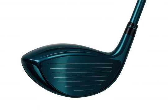 Golf driver head revealing precision-engineered grooves, metallic texture gleaming against crisp transparent backdrop
